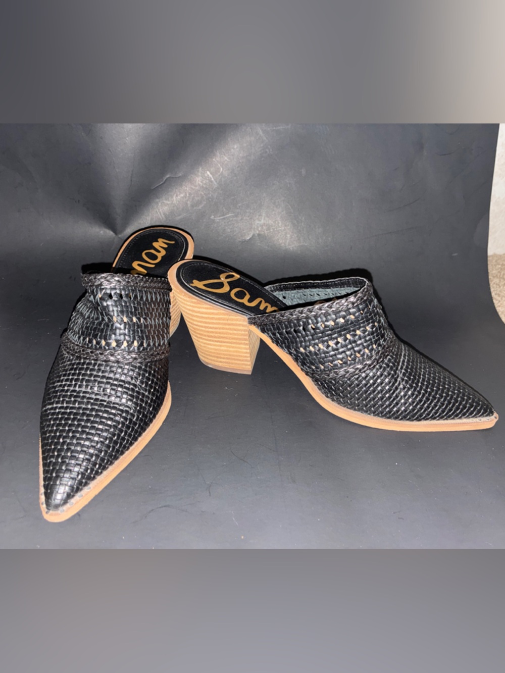 Sam Edelman Black Woven Pointed Mule with Tan Stacked Heel